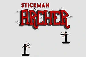 Två streckgubbar står på plattformar med bågar riktade mot varandra under texten Stickman Archer