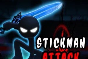 En tecknad streckgubbe med lysande svärd och glödande ögon på en mörk bakgrund, med texten Stickman Attack