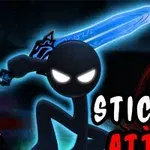 En tecknad streckgubbe med lysande svärd och glödande ögon på en mörk bakgrund, med texten Stickman Attack