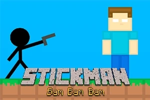 Streckgubbe med pistol står bredvid en blockfigur på blå bakgrund, med texten Stickman Bam Bam Bam under