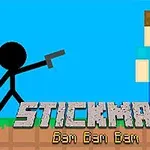 Streckgubbe med pistol står bredvid en blockfigur på blå bakgrund, med texten Stickman Bam Bam Bam under