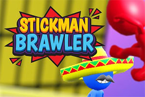 Tecknad illustration av en blå figur i sombrero och mustasch bredvid en stor, färgglad text som säger Stickman Brawler