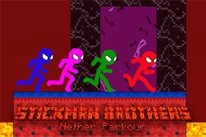 Fyra färgglada stickfigurer springer tillsammans över en pixelplattform med texten Stickman Brothers Nether Parkour under dem