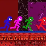 Fyra färgglada stickfigurer springer tillsammans över en pixelplattform med texten Stickman Brothers Nether Parkour under dem