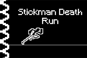 Texten Stickman Death Run och en pixlad bild av en yxa visas på en svart bakgrund med vita tänder på vänster sida
