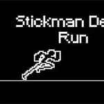 Texten Stickman Death Run och en pixlad bild av en yxa visas på en svart bakgrund med vita tänder på vänster sida