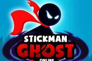 En stiliserad figur i svart med lysande vita ögon och en röd mantel mot en blå bakgrund, med texten Stickman Ghost Online i förgrunden