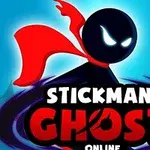 En stiliserad figur i svart med lysande vita ögon och en röd mantel mot en blå bakgrund, med texten Stickman Ghost Online i förgrunden