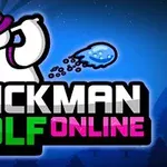 En tecknad figur med hatt svingar en golfklubba ovanför texten Stickman Golf Online på en blå bakgrund