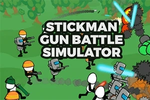 Tecknade figurer i en strid med olika vapen på en grön bakgrund i en skogsmiljö