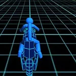 En datoranimerad scen med en blå figur på en motorcykel mot ett rutnät i neon på en svart bakgrund