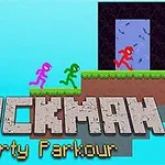Färgglada streckfigurer springer över plattformar mot en dörr på himmelsblå bakgrund; texten Stickman Party Parkour syns nedanför