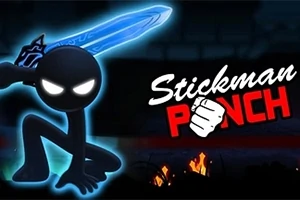 Mörk silhuettfigur med lysande ögon som håller ett blått svärd framför texten Stickman Punch och eldflammor i bakgrunden