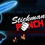 Mörk silhuettfigur med lysande ögon som håller ett blått svärd framför texten Stickman Punch och eldflammor i bakgrunden