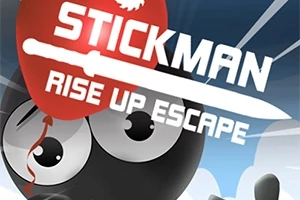 En tecknad svart figur med stora ögon håller en röd ballong, med texten Stickman Rise Up Escape överlagd i vitt