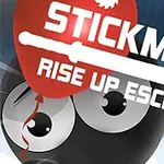 En tecknad svart figur med stora ögon håller en röd ballong, med texten Stickman Rise Up Escape överlagd i vitt