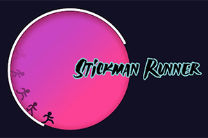 Rosa och lila cirkel med små streckfigurer samt texten Stickman Runner på en mörk bakgrund