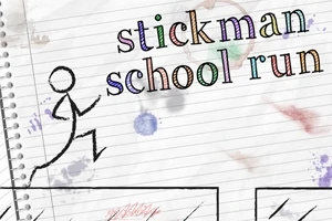 En streckgubbe som springer på linjerat papper med titeln stickman school run i färgglad text ovanför