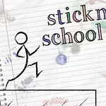 En streckgubbe som springer på linjerat papper med titeln stickman school run i färgglad text ovanför