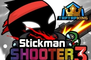 Svart silhuett av en figur med röd pannband, omgiven av explosion och en grön zombie, med texten Stickman Shooter 3