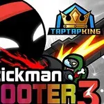 Svart silhuett av en figur med röd pannband, omgiven av explosion och en grön zombie, med texten Stickman Shooter 3