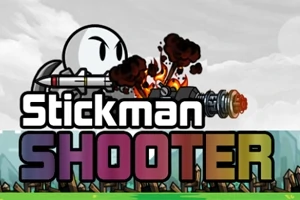 Tecknad figur som skjuter med ett kraftfullt vapen över texten Stickman Shooter med en grå bakgrund