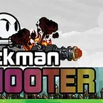 Tecknad figur som skjuter med ett kraftfullt vapen över texten Stickman Shooter med en grå bakgrund