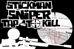 Tecknad figur som siktar med ett prickskyttegevär i svartvitt med texten Stickman Sniper Tap to Kill