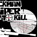 Tecknad figur som siktar med ett prickskyttegevär i svartvitt med texten Stickman Sniper Tap to Kill