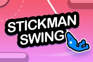 Titeln Stickman Swing med en blå streckfigur som svingar sig i ett rep mot en färgglad bakgrund