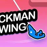 Titeln Stickman Swing med en blå streckfigur som svingar sig i ett rep mot en färgglad bakgrund