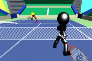 Två animerade figurer spelar tennis på en blå bana med publikstolar i bakgrunden