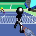 Två animerade figurer spelar tennis på en blå bana med publikstolar i bakgrunden