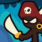 Animerad figur klädd som pirat med en röd hatt och svingande svärd