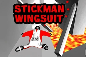 En tecknad figur i en röd wingsuit flyger över ett lavalandskap med texten STICKMAN WINGSUIT i bakgrunden
