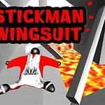 En tecknad figur i en röd wingsuit flyger över ett lavalandskap med texten STICKMAN WINGSUIT i bakgrunden