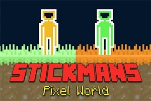 Två pixelerade stickfigurer i orange och grönt står på blockliknande mark med texten Stickmans Pixel World nedanför