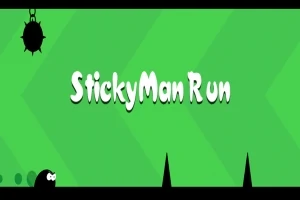 Grön bakgrund med texten StickyMan Run, en tecknad figur i nedre vänstra hörnet och svarta spikar längst ned