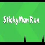 Grön bakgrund med texten StickyMan Run, en tecknad figur i nedre vänstra hörnet och svarta spikar längst ned