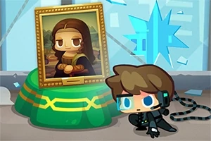 Tecknad karaktär med hörlurar och mörk dräkt smyger bredvid en målning av Mona Lisa i ett modernt rum med trasigt glas