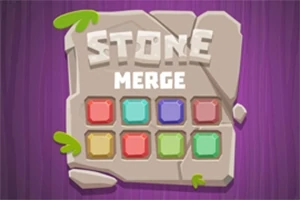 En stentavla med texten STONE MERGE ovanför nio färgglada fyrkanter mot en lila bakgrund
