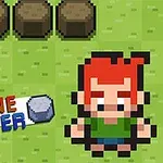Pixelfigur med rött hår och grön skjorta står på gräsig bakgrund nära en rad trätunnor, med texten Stone Smacker bredvid