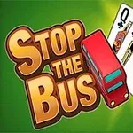 Texten Stop the Bus visas med en röd dubbeldeckarbuss och tre spelkort (dam, kung och ess) på en grön bakgrund