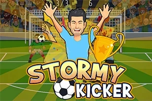 En tecknad figur firar med en pokal på en fotbollsplan, med texten Stormy Kicker och en boll i förgrunden