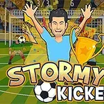 En tecknad figur firar med en pokal på en fotbollsplan, med texten Stormy Kicker och en boll i förgrunden