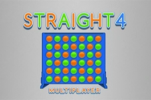 Bild av ett blått rutnät fyllt med orange och gröna cirklar med texten STRAIGHT 4 MULTIPLAYER i färgglada bokstäver ovanför och nedanför