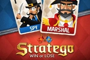 Två spelkort med illustrationer av en spion och en marskalk, samt texten Stratego Win or Lose på en bakgrund i rött och blått