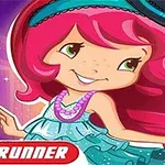 Tecknad flicka med långt rosa hår, klädd i en blå klänning och hatt, mot en stjärnbeströdd bakgrund med texten RUNNER