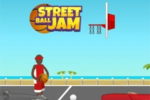 En tecknad figur i röd basketklädsel står på en basketplan vid stranden med en basketboll, under en blå himmel och en logotyp ovanför