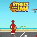 En tecknad figur i röd basketklädsel står på en basketplan vid stranden med en basketboll, under en blå himmel och en logotyp ovanför